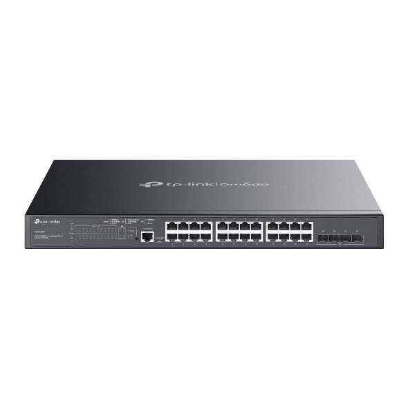 Omada L2+ switch med 24 Gigabit-portar och 4 SFP, med 24 PoE+ med referens TL-SG3428 från TP-LINK